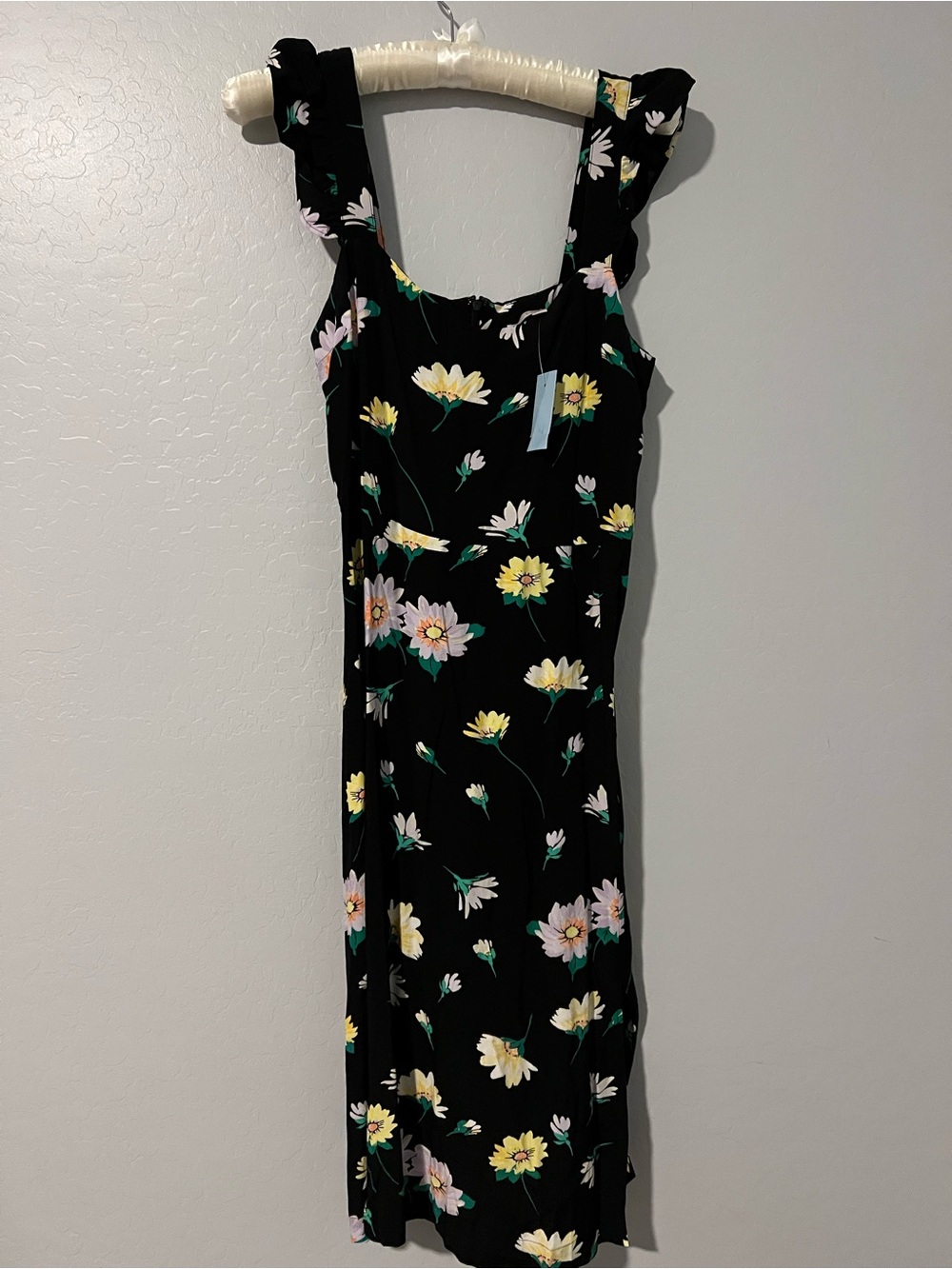 LOFT Black Floral Midi Dress with Ruffled Straps